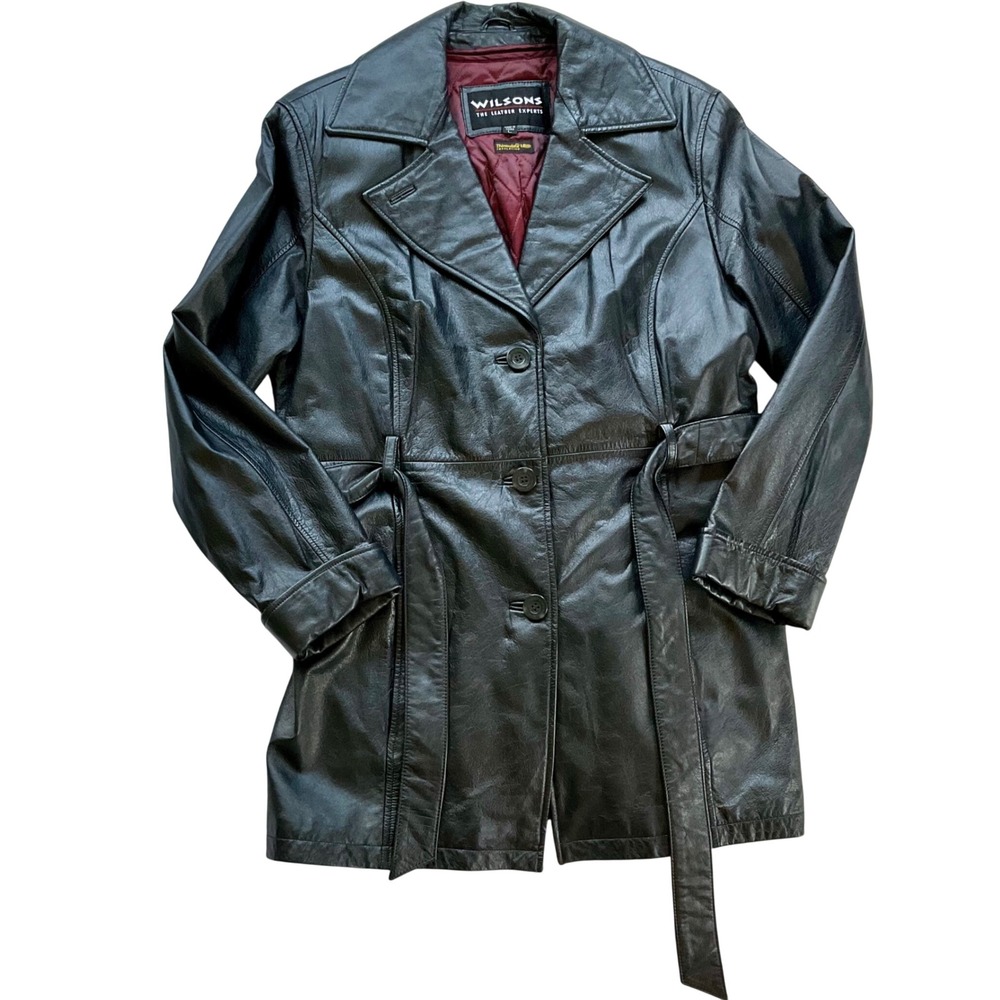 VTG Wilsons Leather Trench Coat L Black Thinsulate Belted Jacket 90s Matrix Goth